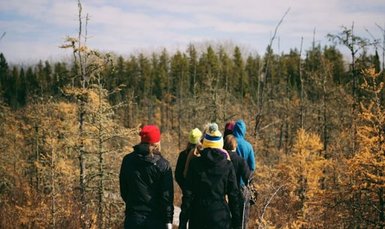 ©Kaylee Eden für unsplash Gruppe von Menschen läuft in einem Herbstwald