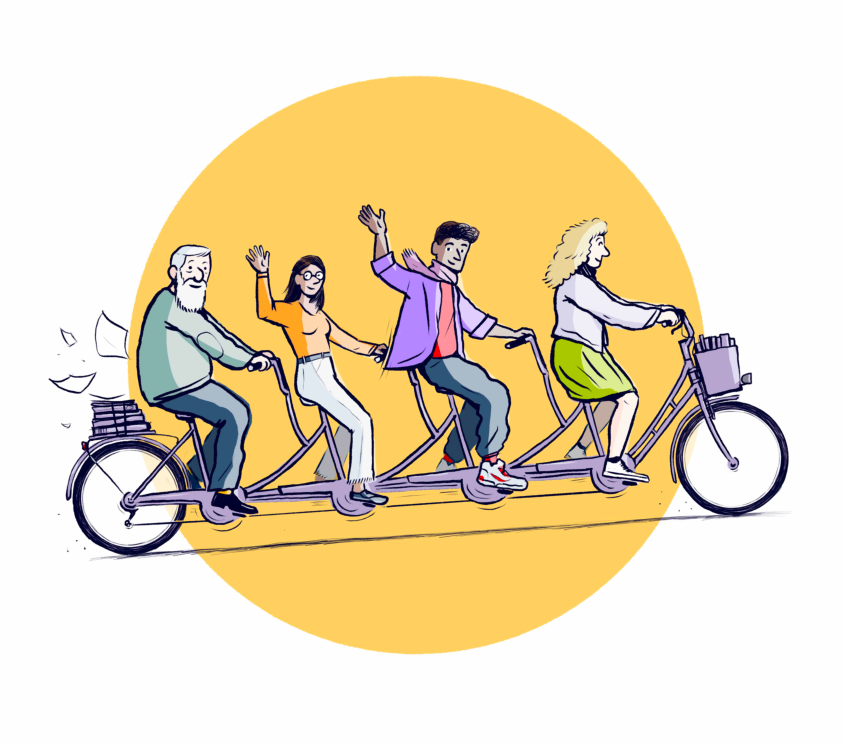 Illustration Hamed Eshrat Illustration von einer Gruppe mit vier ganz unterschiedlichen Personen, die gemeinsam auf einem sitzen, Blätter wedeln vom Gepäckträger, zwei Personen winken